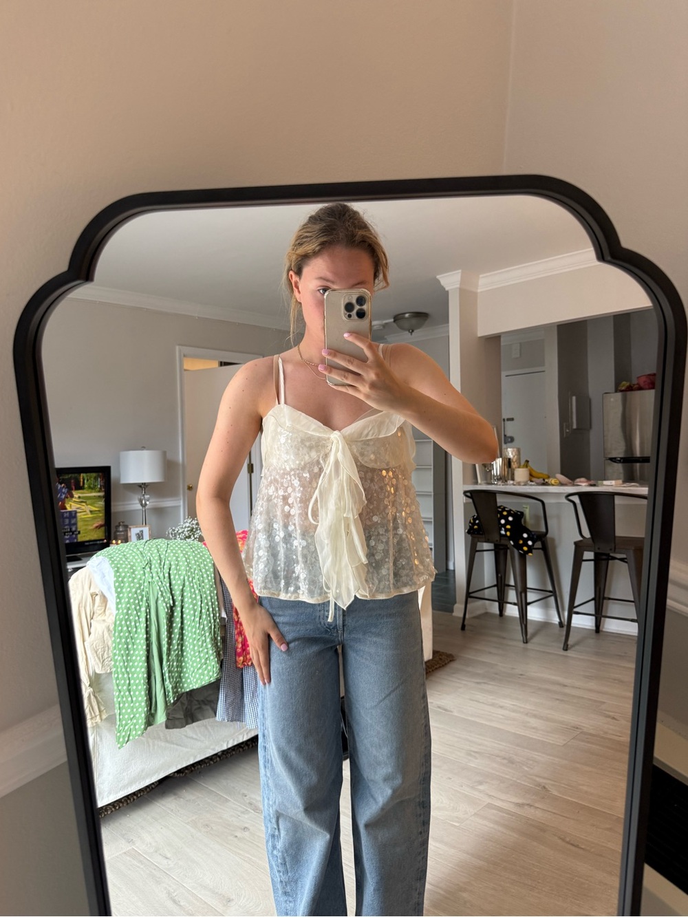 Zara Cream Sequins Ruffle Tie Front Tank Top
